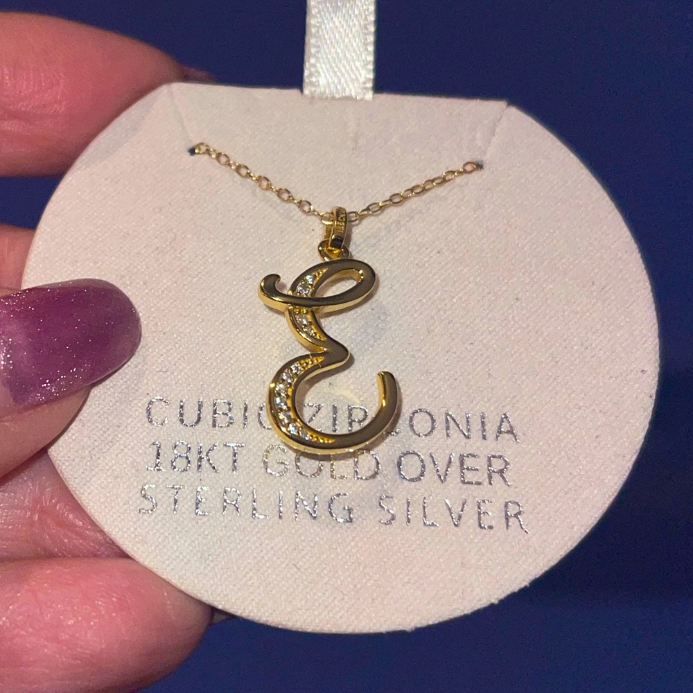 Cubic Zirconia Initial Pendant Necklace in 18k Gold-Plated Sterling Silver, E